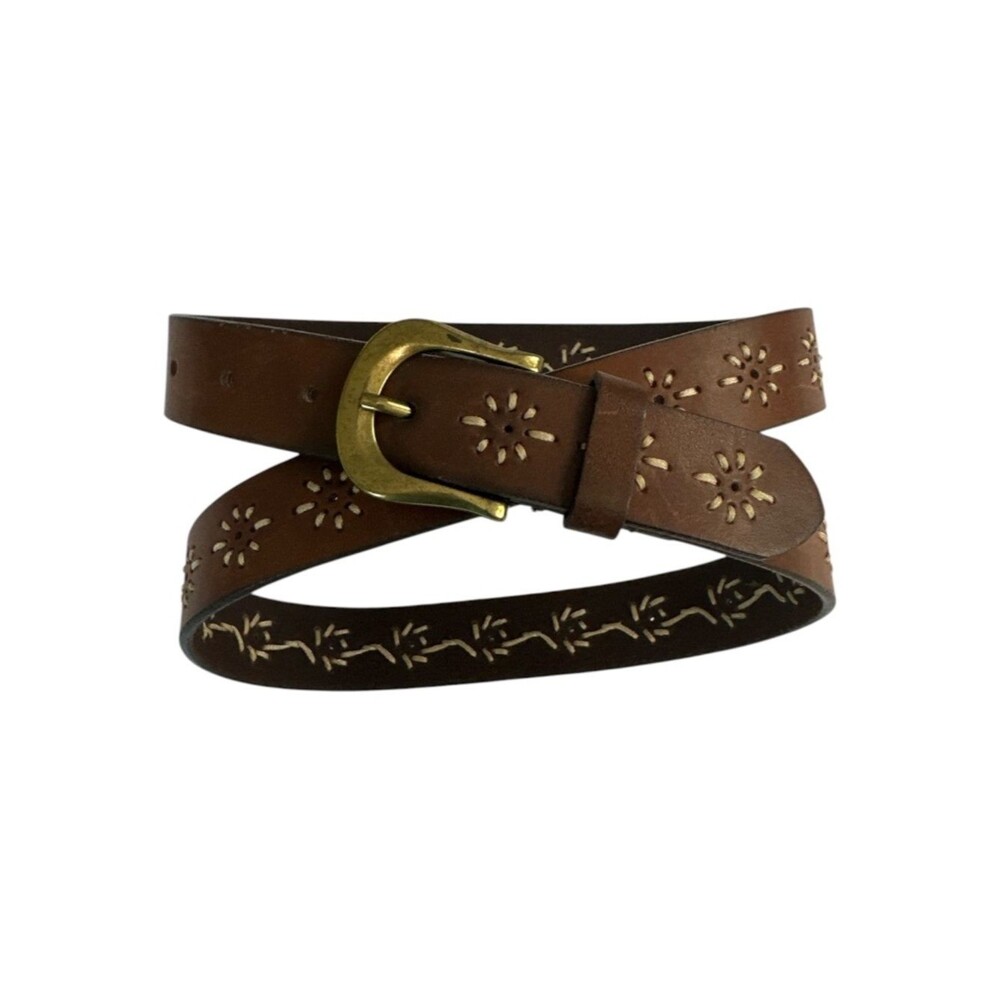 Leather Embroidered Belt L 42.5” Brown Boho Western Floral Cutout Rustic - Picture 2 of 4